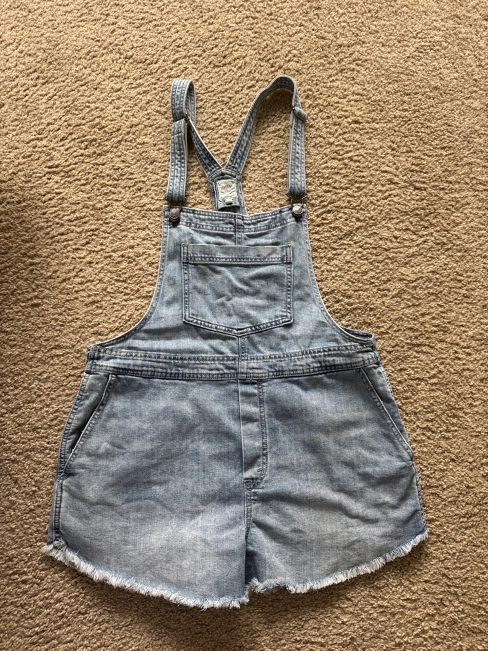 aerie Light Blue Denim Short Overalls with Front Bib